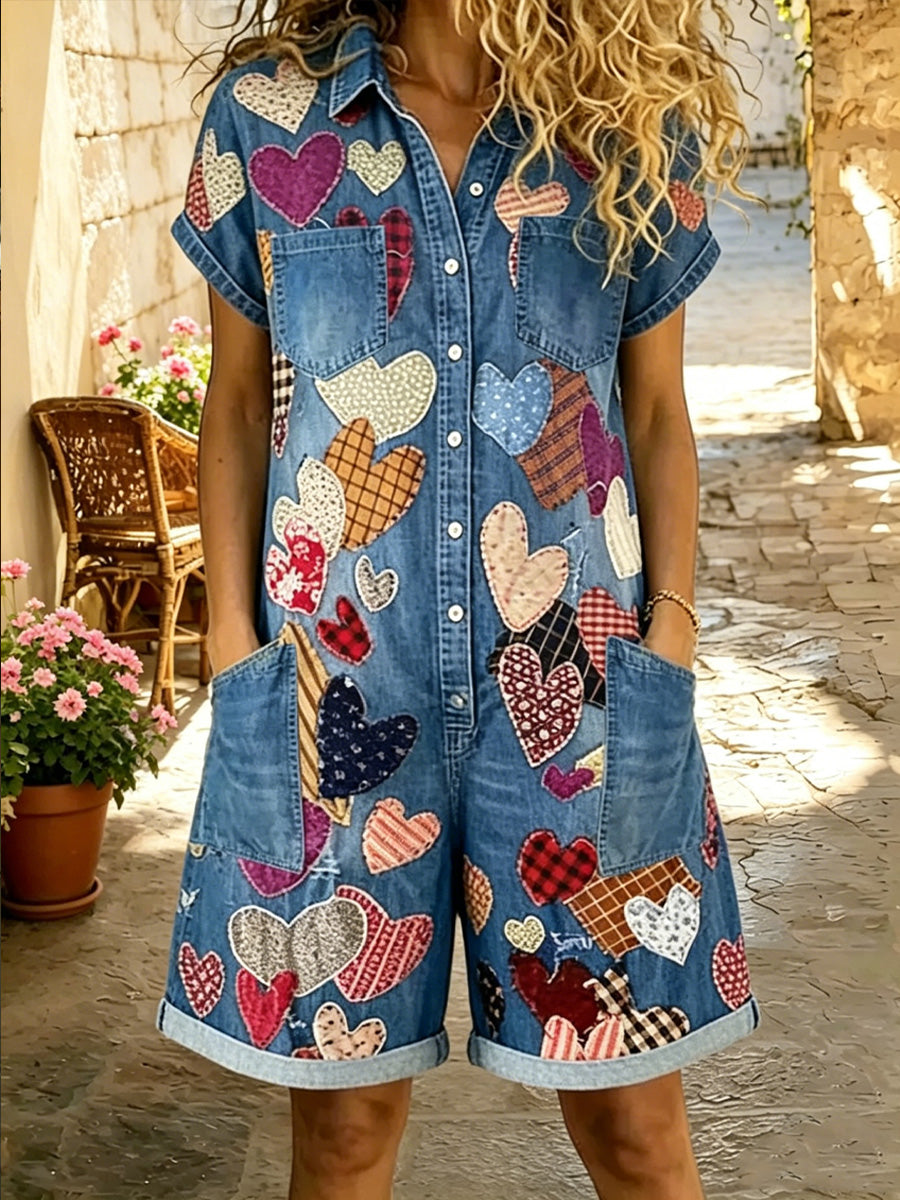 Women's Retro Floral Art Print Washed Cotton Denim Patchwork Jumpsuit